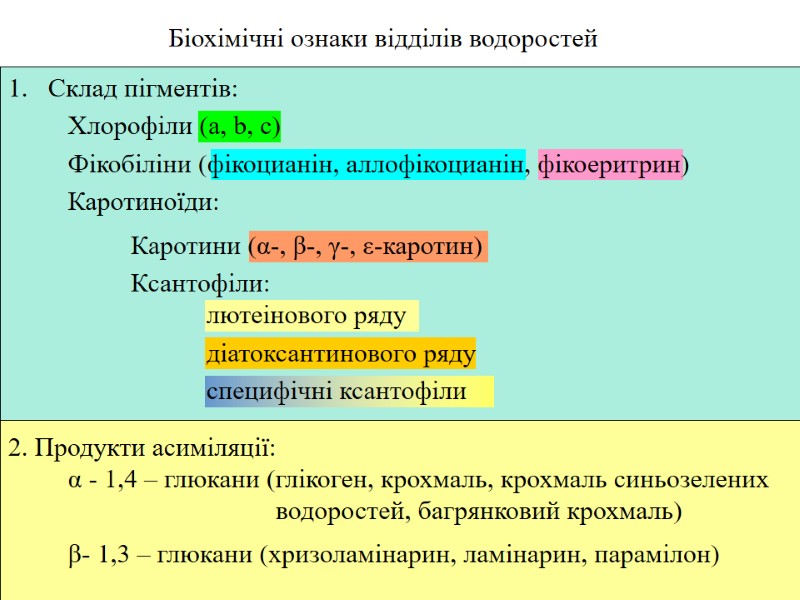 Каротини (α-, β-, γ-, ε-каротин) Хлорофіли (а, b, c)  специфічні ксантофіли Біохімічні ознаки